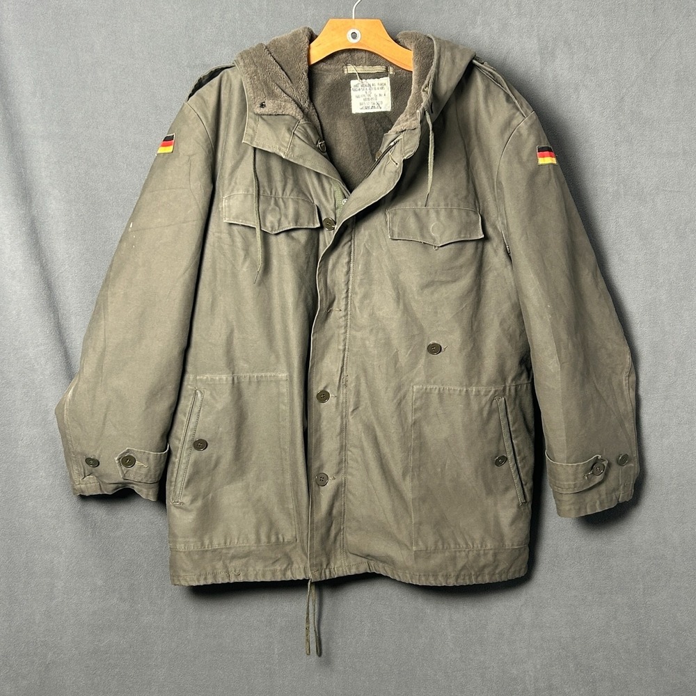 Vtg German Army Military Parka Field Coat Olive Green Fleece Lined Large Short